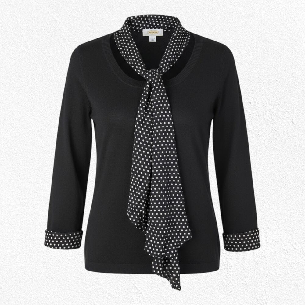 90s Vintage Talbots Black Polka Dot Silk Blend Scarf Neck Blouse Top Size Small